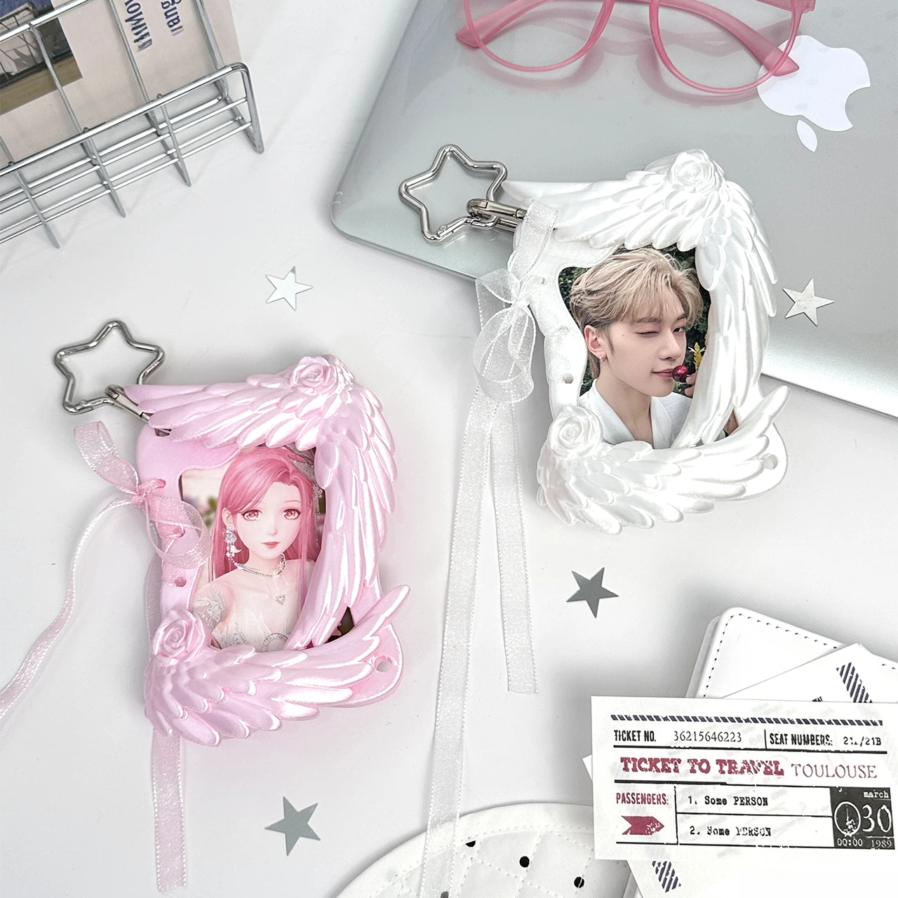 Pearl Angel Wing Rose 3D Printed Card Sleeve Charm Hollow Photo Protector Case Fits 3-Inch K-pop Photocards Bag Decor Storage