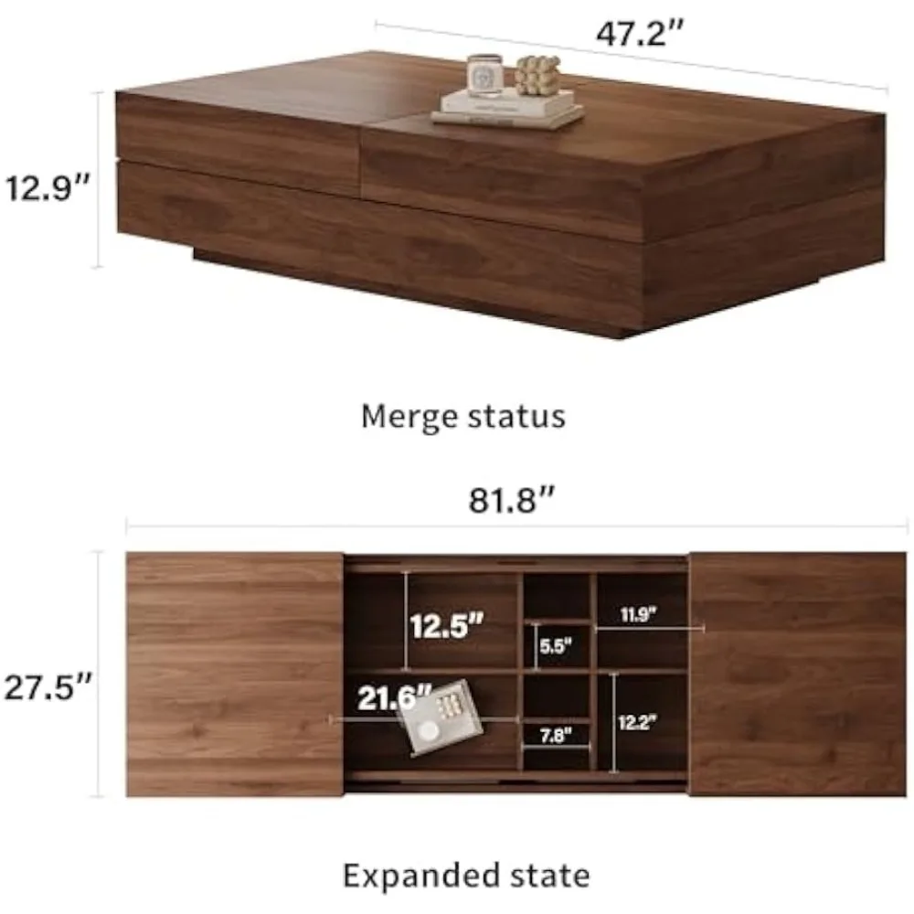 Mid-Century Modern Coffee Table – Expandable 47.2"-81.8" Storage Center Table | for Living Room Use