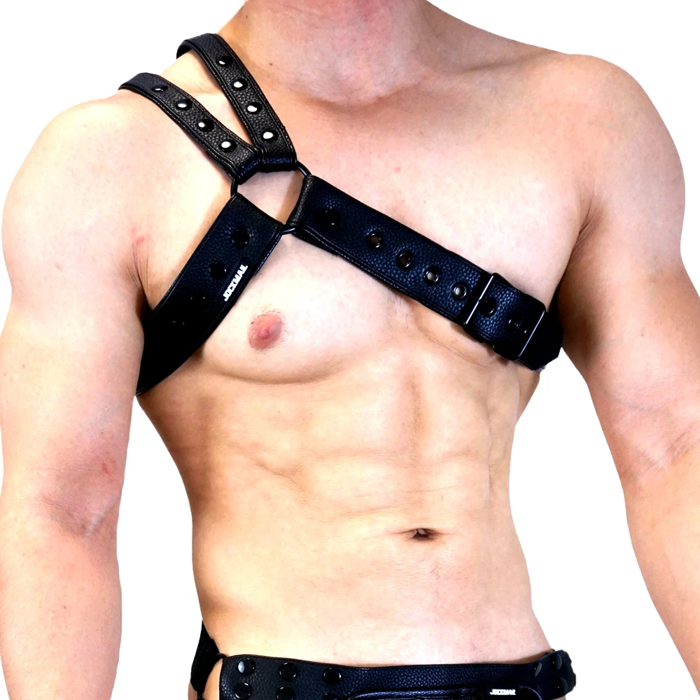 Men's Leather Tri Harness Chest Armor Buckles Adjustable Size Jockstrap Gay Costume.Adjustable Left and Right Shoulders