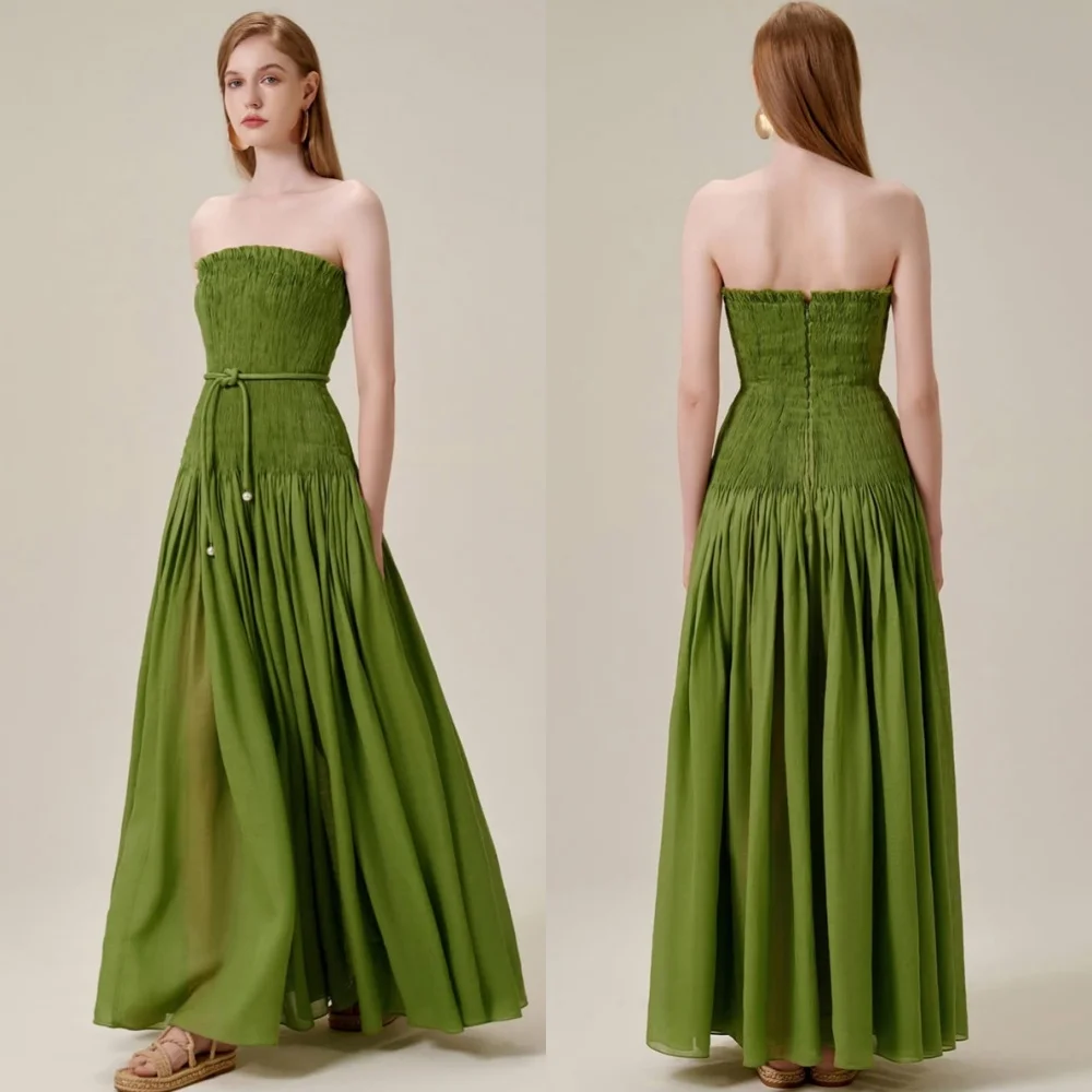 

Customized Exquisite Green Organza Evening Dress Classic Strapless Sleeveless Celebrity Gowns Sweep Train Vestido De Festa