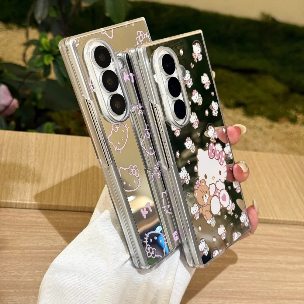 Luxury Makeup Mirror Line KT Cat Short Rope Phone Case For Samsung Galaxy Z Fold 7 6 5 4 3 Shockproof Protective Acrylic Cover view 5