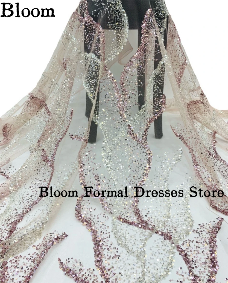 Bloom Customized Sequin Prom Dresses Side Split Oversleeves Formal Luxury Evening Dresses Wedding Party Gown vestidos de gala