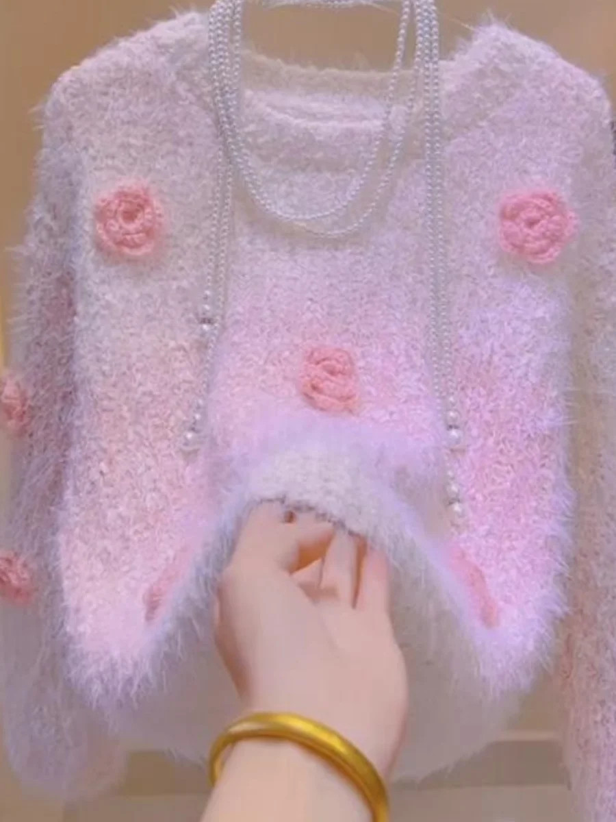 

Soft Sle Sweater Women's Autumn Winter New Design Knitted Top Floral 3D Embroidery Comfortable Fit Warmth Faion Commute