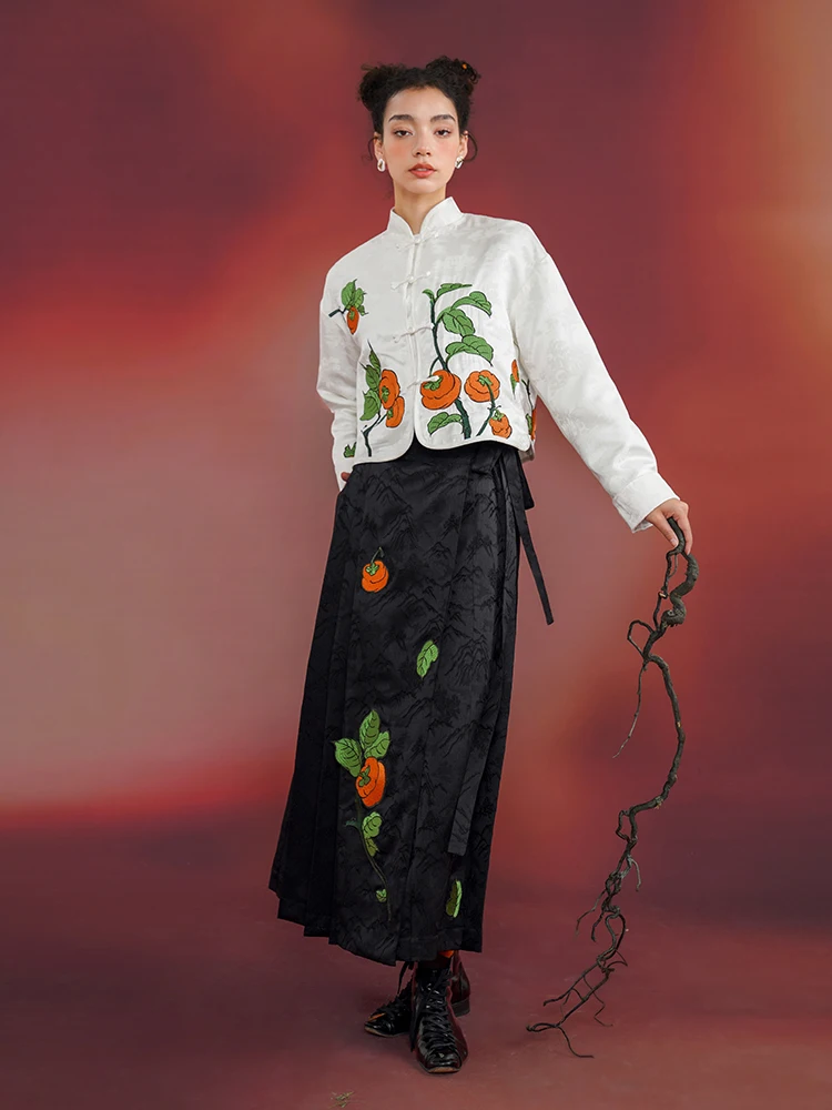 Spring and Autumn Women Persimmon Embroidered Jacquard Satin Skirt