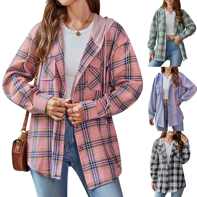 Autumn and Winter Women\'s Cardigan Hooded Collar Long Sleeve Plaid Button Pocket Lace Up Stripe Loose Fashion Casual Shirt Tops