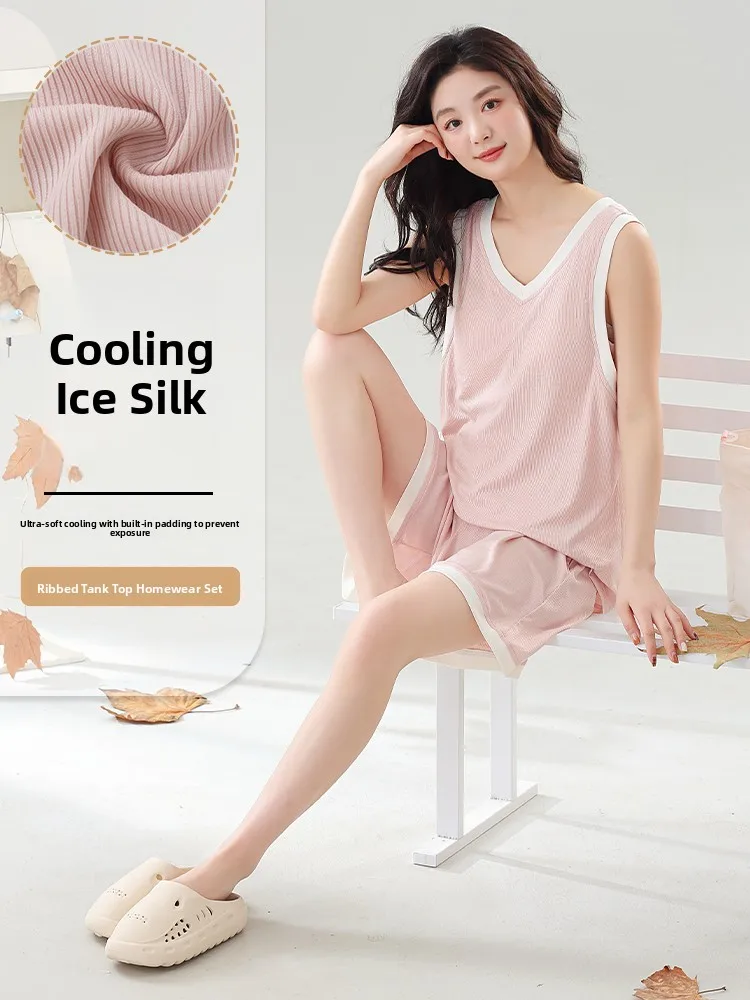 

Летний прохладный сенсационный жилет из ледяного шелка, комплект одежды из пирсинга, женская интегрированная домашняя одежда, тонкая модель, домашняя удобная ночная одежда...