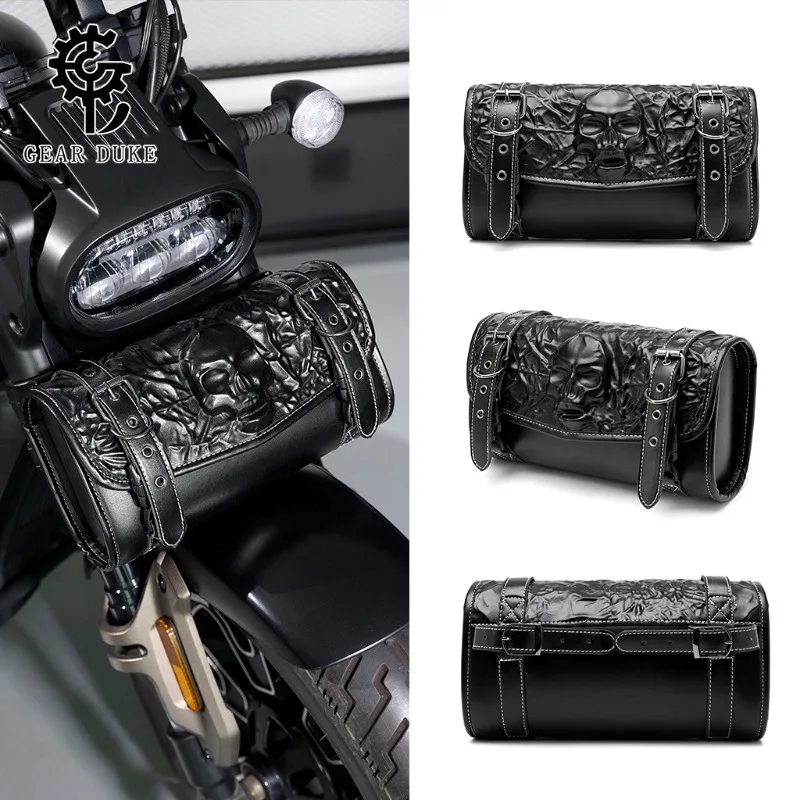 Vintage Embossed Skull Motorcycle Handlebar Bag Waterproof Motorbike Front Fork Tool Storage Saddle Bag Universal Fit Cafe Racer