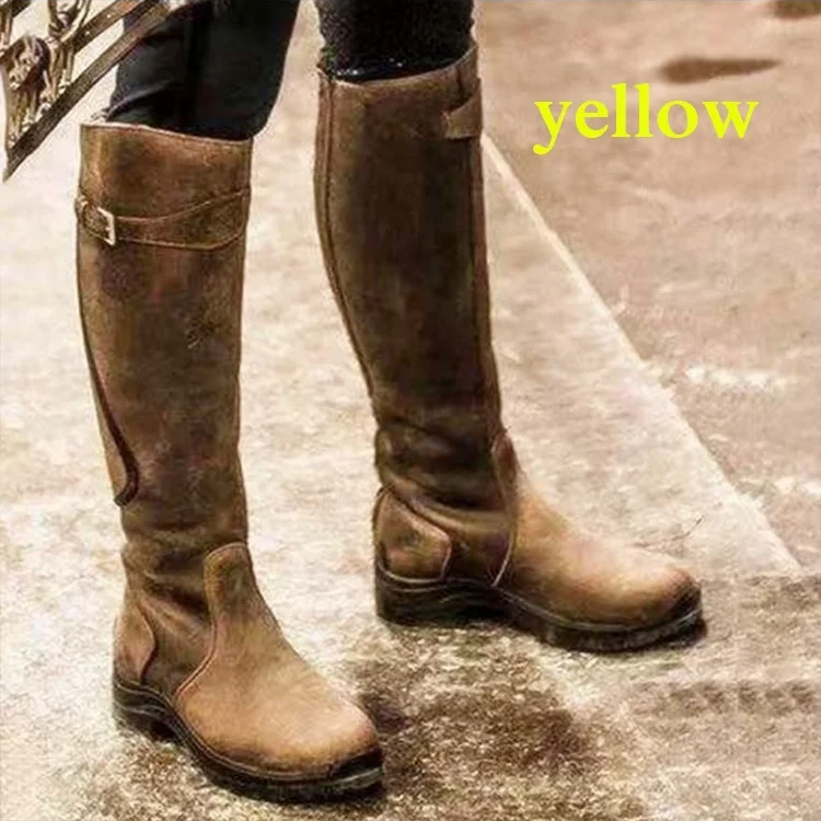 Women Winter Fashion Leather Low Heel Boots Zipper Knight Boots Vintage Outdoor Riding Boots Long Boots Knee High Boots