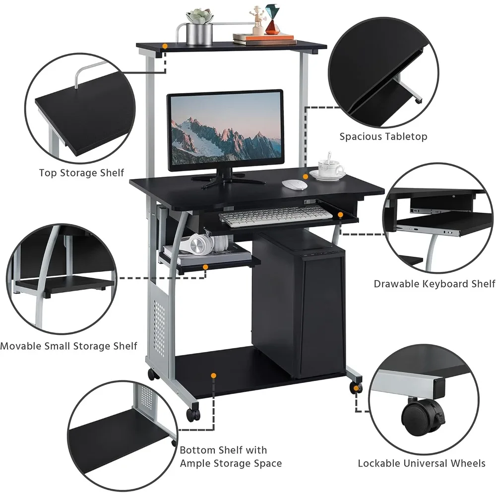 2-Tier Mobile Computer Desk with Printer Shelf Keyboard Tray Compact Rolling Workstation for Small Spaces & Home Office