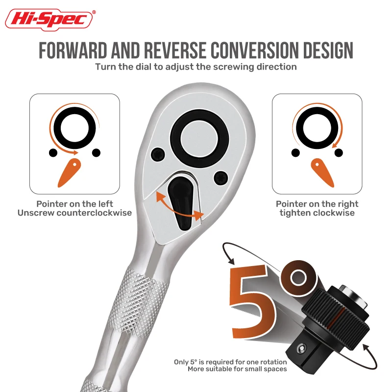 Hi-Spec 1/4" 3/8" 1/2" 72-Zahn Ratschenschlüssel-Set 2-in-1 Doppelkopf-Umschaltbarer Steckschlüssel Handwerkzeug für Autoreparatur und Heimwerkerarbeiten – Detail 4