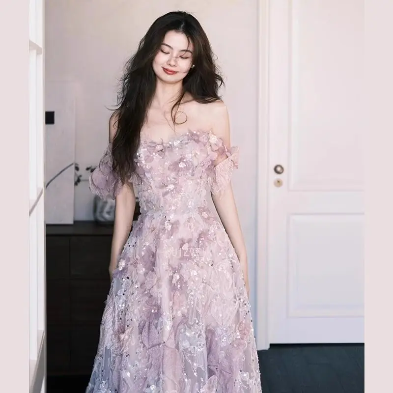 ライト高級女性イブニングパーティードレス宮殿スタイルノースリーブ手作りスパンコールアップリケ蝶妖精ウエディングドレス Vestidos