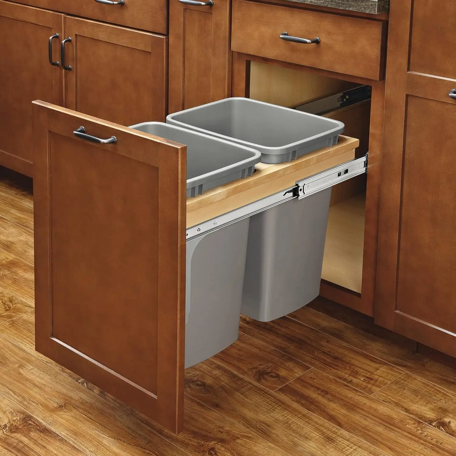 Double Pull Out Under Cabinet Trash Can w/Soft-Close, 35 Qt Garbage Bin for 15