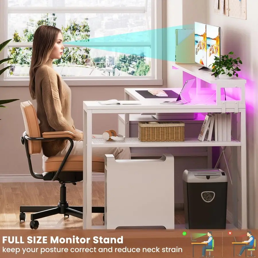 L Shaped Desk with File Drawer, Reversible L Shaped Computer Desk Gaming Desk with Power Outlet amp LED Strip, Home Office Desk