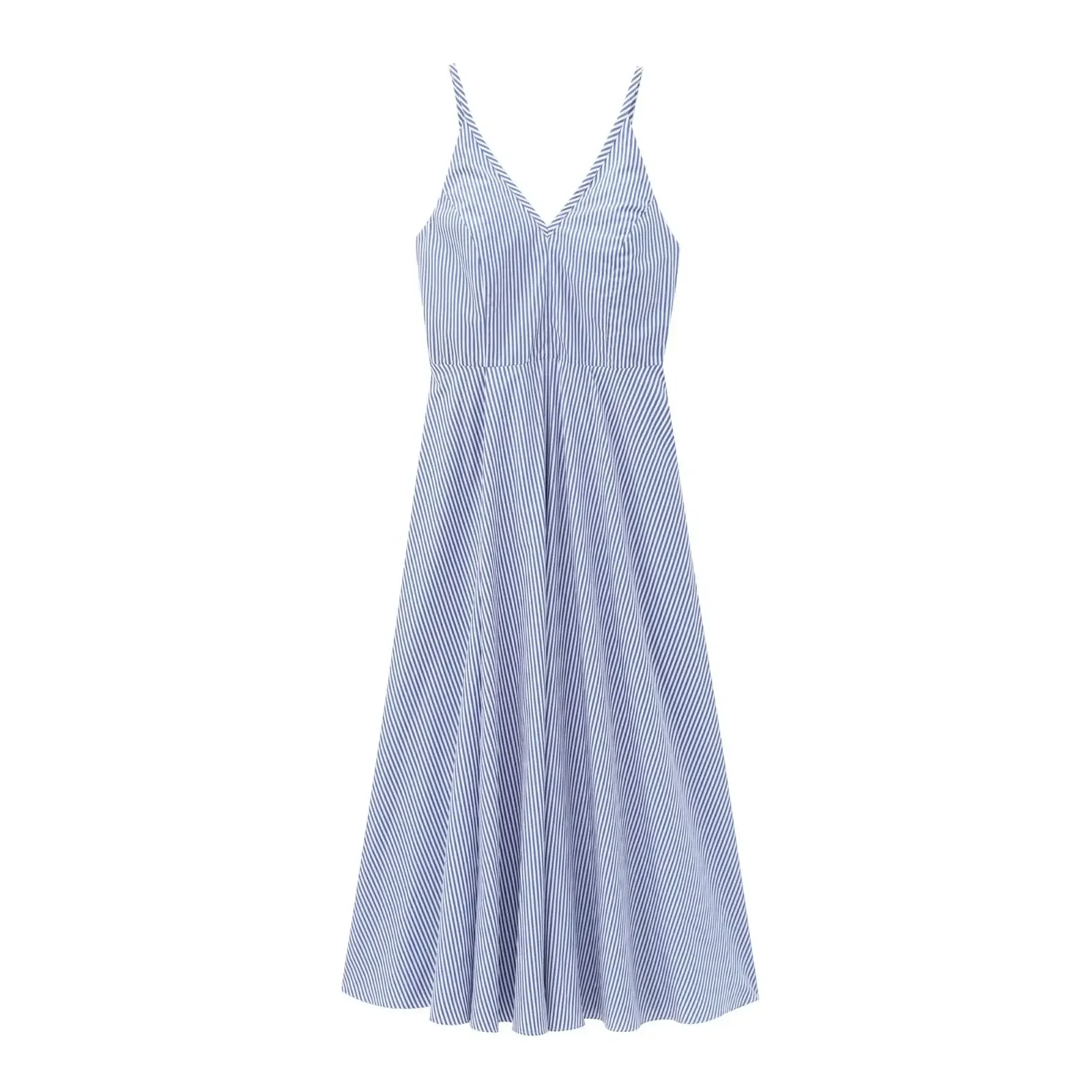 

Women's 2024 New Fashion Striped Wide pleated V Neck pendant Midi Dress Retro Sleeveless backless Women's Dress