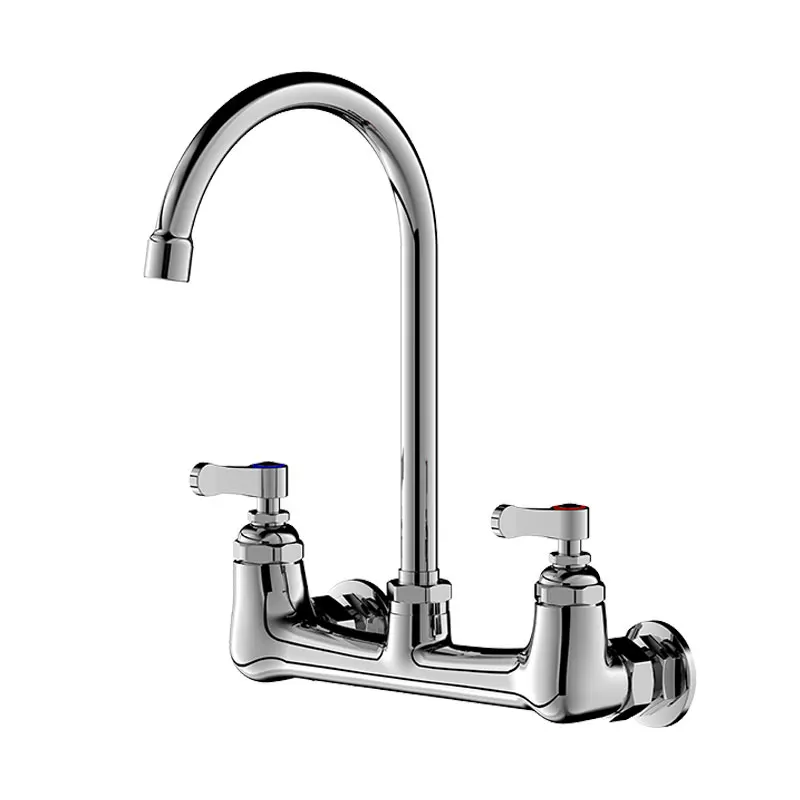 Double Hole Wall Mounted Mixing Faucet - Copper Commercial Sink Faucet with Swing Nozzle & Swivel Gooseneck for Kitchen Wash Bas