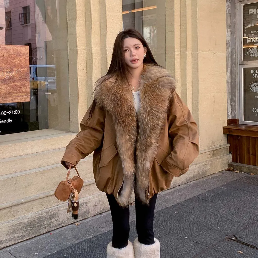 Chaqueta de piel de invierno para mujer, chaqueta acolchada con cuello de piel de zorro auténtica grande, Parkas holgadas y cálidas, abrigo de plumas de ganso para mujer