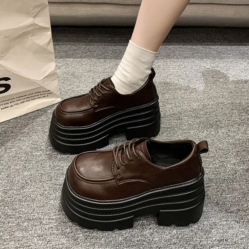 

Women's Small Leather Shoes Chunky Heel Thick Sole Add 10cm Height Petite Sweet British Style Autumn Winter Ultra Lightweight