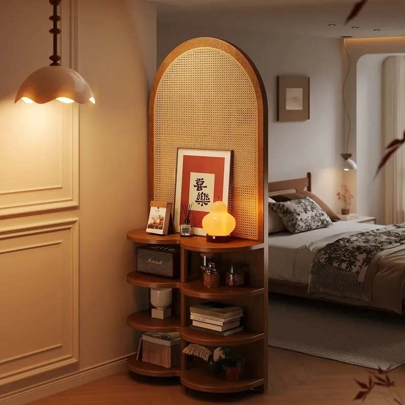 For Bedroom Screen Partition Wall Blocking Bed Household Multi-layer High-end Shelf Solid Wood Rattan Medieval Storage