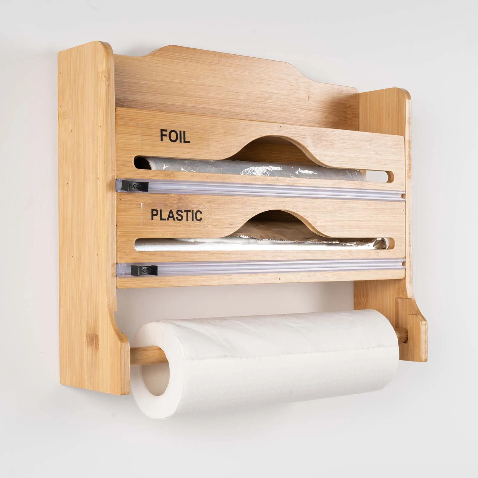 3 in 1 Bamboo Wall Mounted Kitchen Foil and Plastic Dual Dispenser Organizer, with Paper Towel Holder Wrap Organizer - view 4