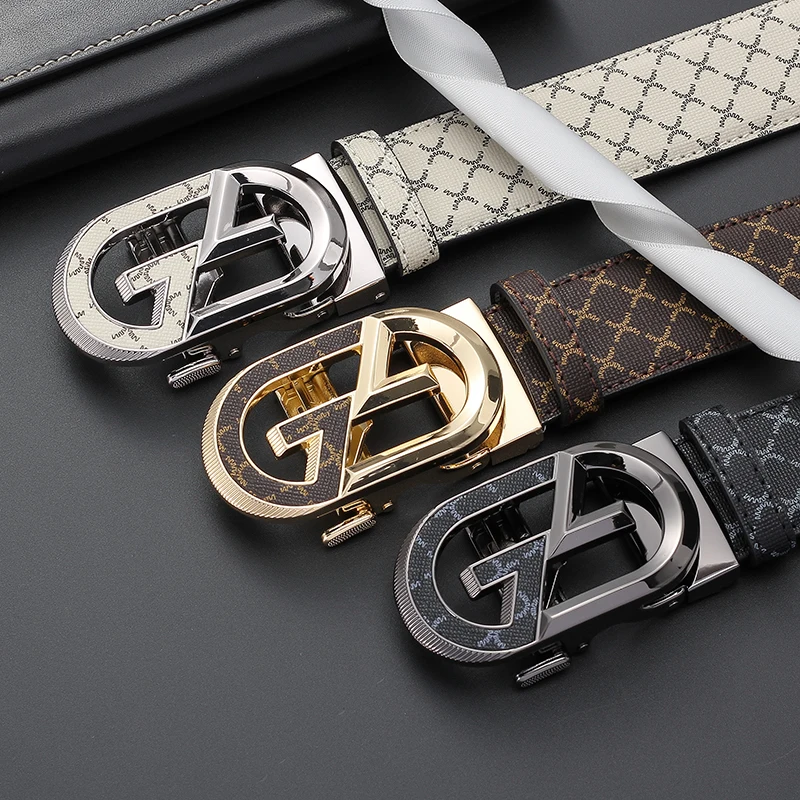 Men Geometric Letter Automatic Buckle Belt Vintage Grid Printed PU Leather Waistband Business Casual Adjustable Ratchet Belt