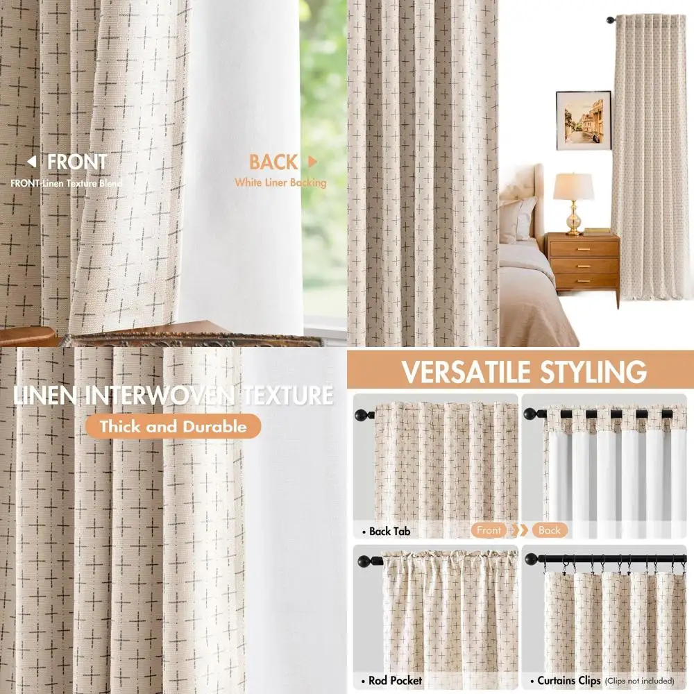 

Geometric Linen Curtains - 100% Blackout, Thick Woven, Farmhouse Style, Beige, 52x108, 2-Panel Set for Home