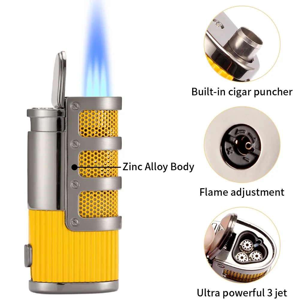 Metal Pocket Butane Torch Cigar Lighter Gas Windproof 3 Jet Smoking Lighters Cigar Accessories W/ Gift Box