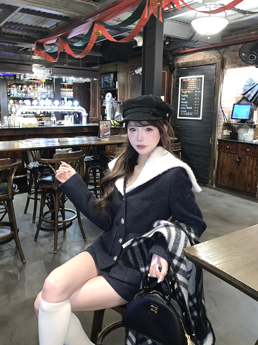 

Women's Woolen Coat Korean Sle Blue Collar Vintage High End Sensation Small Fraance Sle Outerwear Long Sve Regular Fit