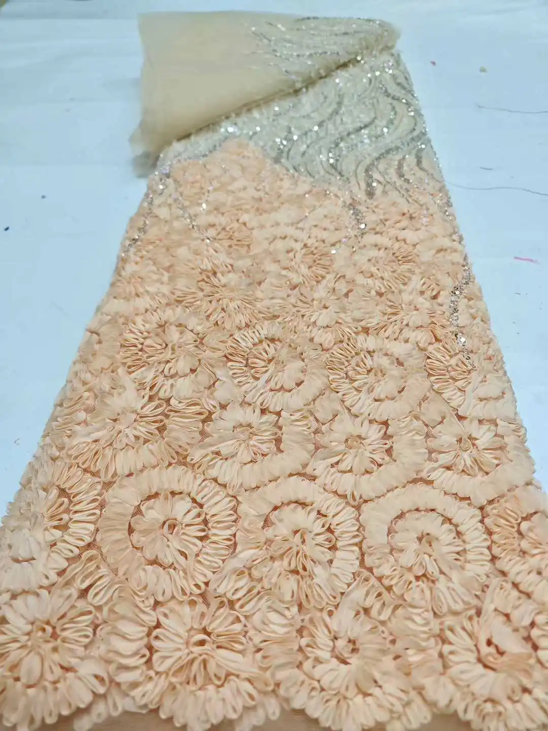

French African 3D Lace Fabric 2026 With Beaded High Quality Sequins Embroidery For Women Wedding Dress Nigerian Mesh Fabric Sew
