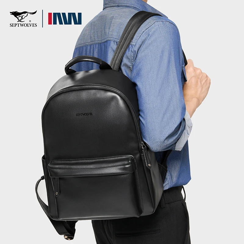 

Septwolves Casual Business Large PU Leather Backpack Men Women Waterproof Laptop School Bag Male Classics Travel Knapsack