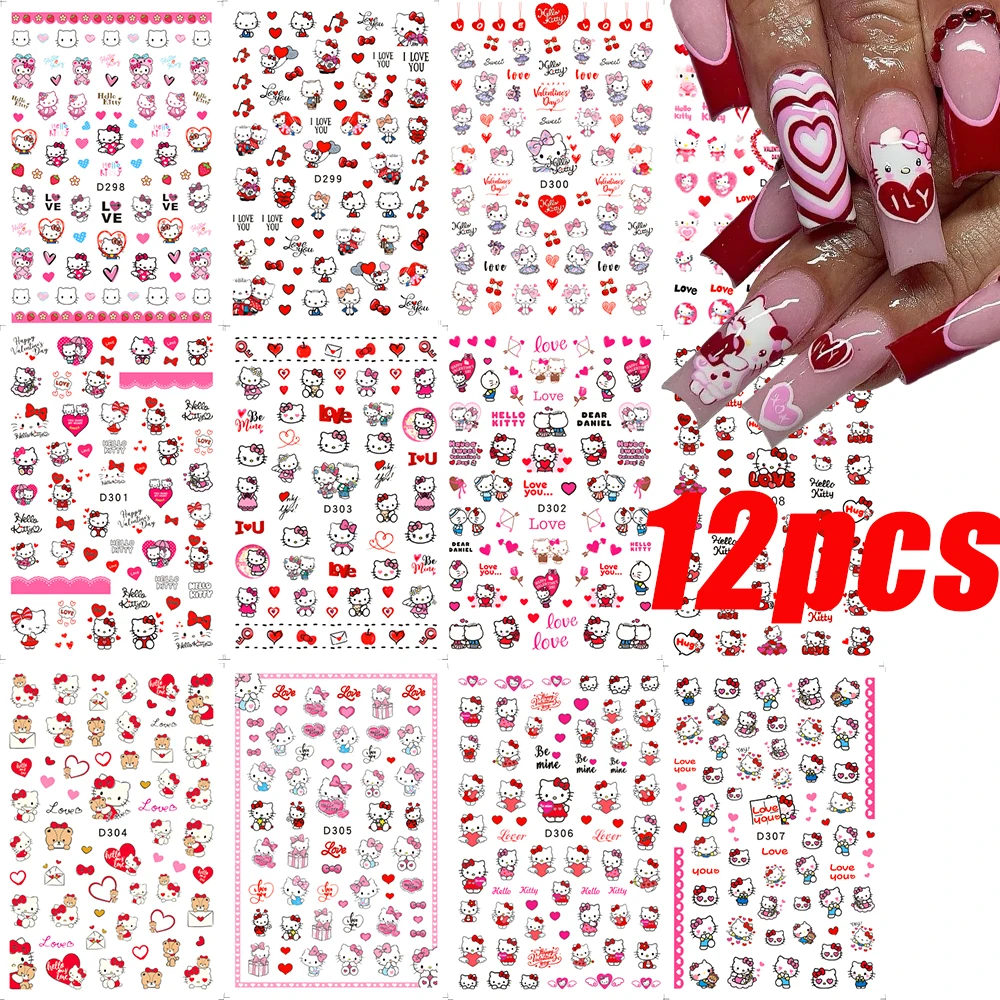 12Pcs Pink red Valentine's Hello Kitty Nail Art Stickers Cartoon Self-adhesive Nail Sliders y2k Hello Kitty Nail Art Decoration