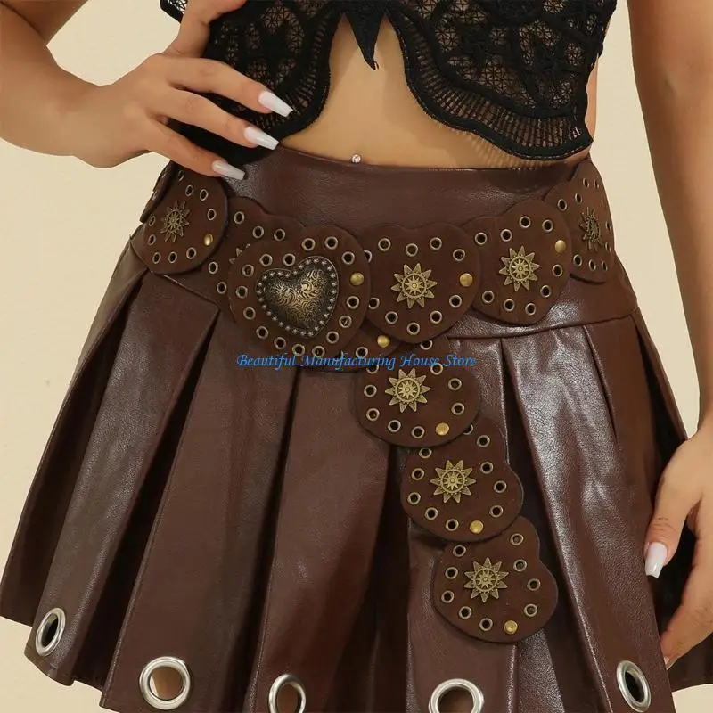 

E56A Vintage Belt for Women Fashion Heart Disc PU Leather Belt Steampunks Rivet Waistband for Pants Jeans Girl Waist Ornament