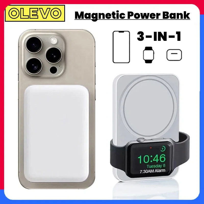 

3 in 1 Magnetic Wireless Power Bank Portable Charger Fast Charging Powerbank 10000mAh External Battery For iPhone iWatch AirPods