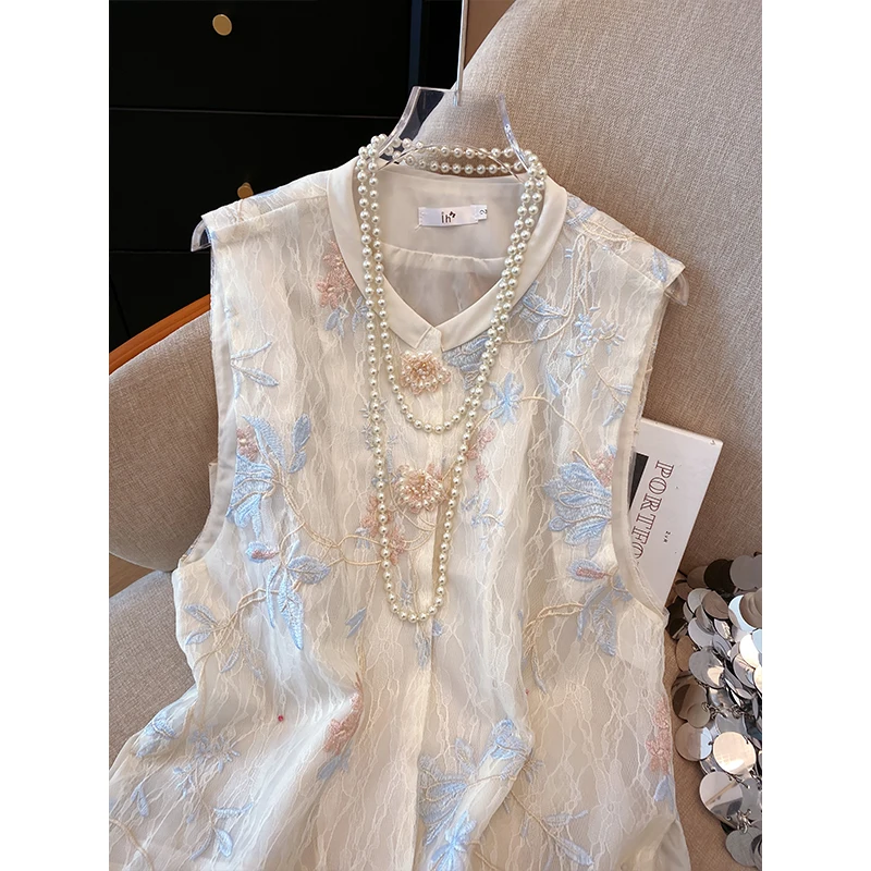 Floral Embroidered Vest Women Retro Chinese Vintage Ethinic Style Sleeveless Tops Oversized