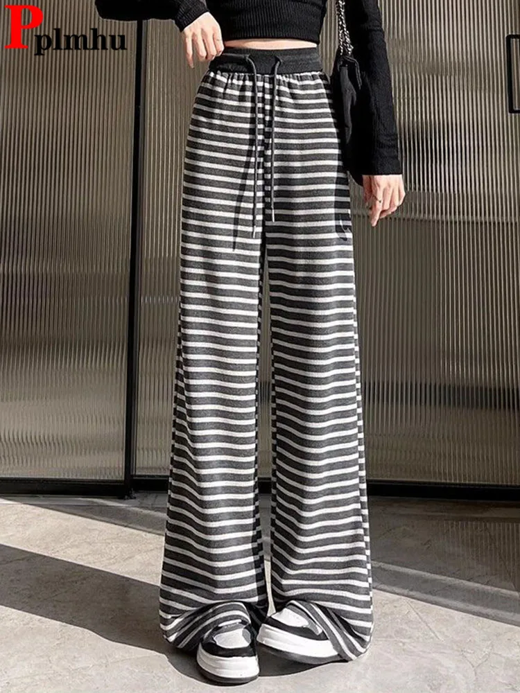 

Spring Fall Loose Striped Straight Pants Women Casual Elastic High Waist Wide Leg Sweatpants Korean Fashion Lace Up Pantalones