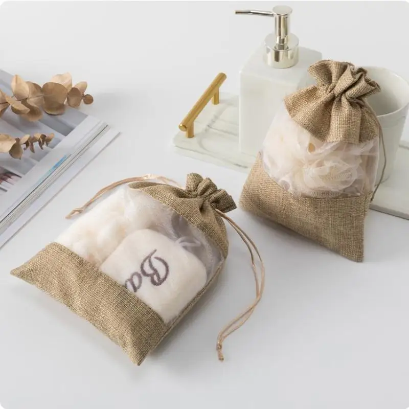 20pcs Christmas Window Jewelry Drawstring Pouch Burlap Gift Linen Bundle Pocket Jute Sack Candy Gift Storage Bags