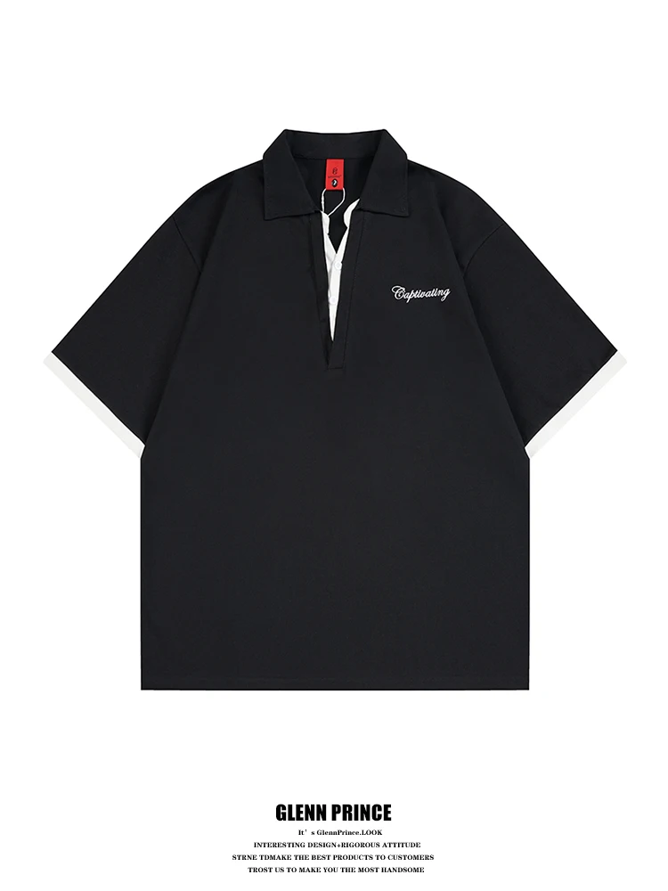 

GPstudio American Letter Embroidery Deep V Collar Fake Two-Piece Shirt Men Summer Casual Design Breathable Cotton Blend
