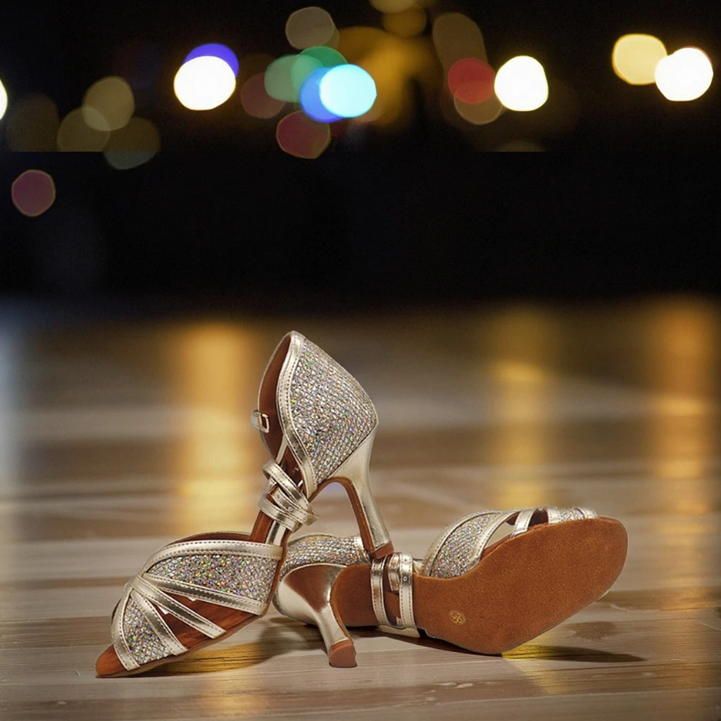 Evkoo Practice Dance Shoes Women Gold Salsa Ballroom Shoes 7cm Heel Latin Dance Shoes Glitter Club Party Dancing Shoes for Girls