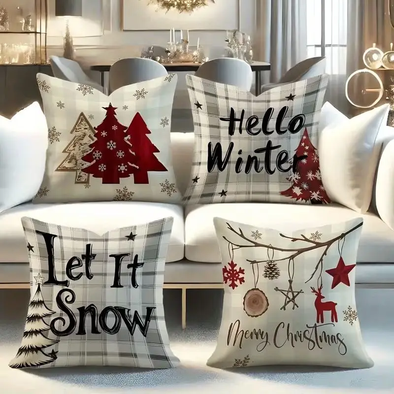 VIKAMA 4Pcs Christmas Pillow Covers Light Checkered Winter Themed Slogan Cushion Cases Sofa Holiday Home Decor No Insert