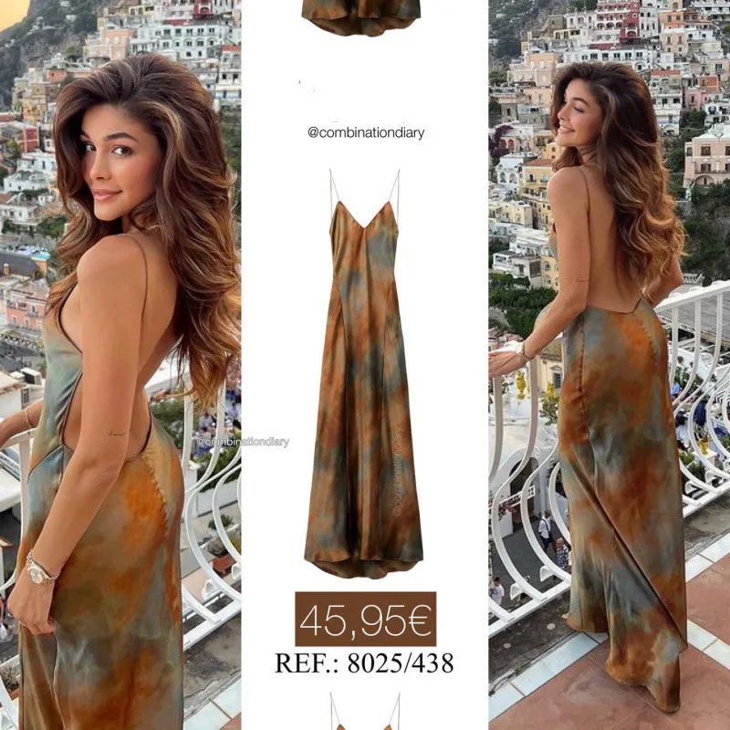 

Elegant Sexy Long Dress New 2026 Design V-neck Open Back Rainbow Printing Tank Dress for Women Cross-border European Style