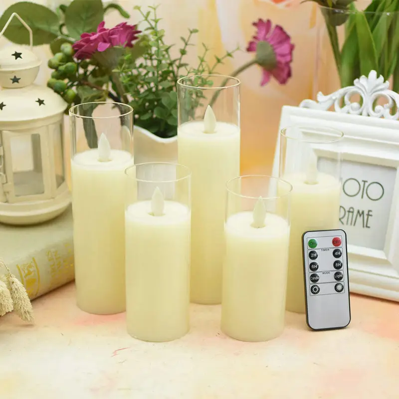 Remote controlled w/Timer Flickering Flame Pillar Candle Paraffin Wax Electric LED Glass Candle Set Home party table Decor-Amber