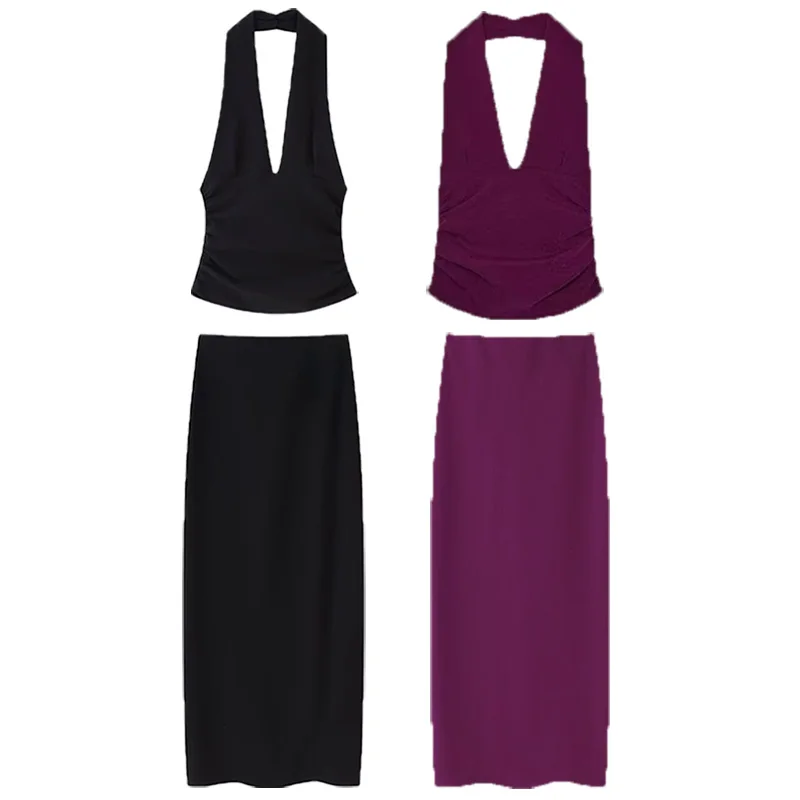 HXAO 2025 Women's Two Pieces Set Purple Black Skirt Set Ruffled Halter Neck Crop Top 2 Piece Woman Midi High Waist Slit Suit 066