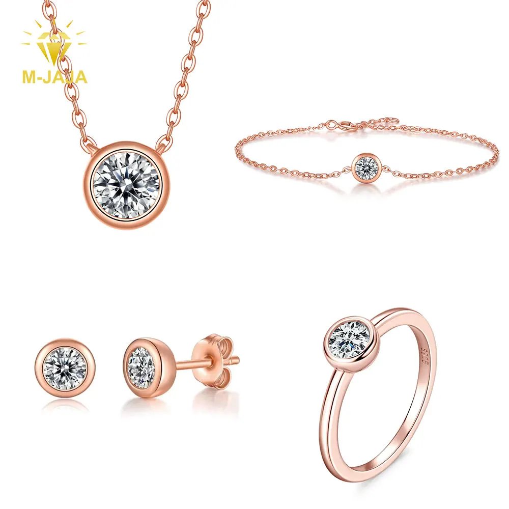 

M-JAJA 1ct Moissanite Necklace Engagement Ring Bezel Setting Diamond Bracelet Stud Earrings Women S925 Silver Fine Jewelry Set