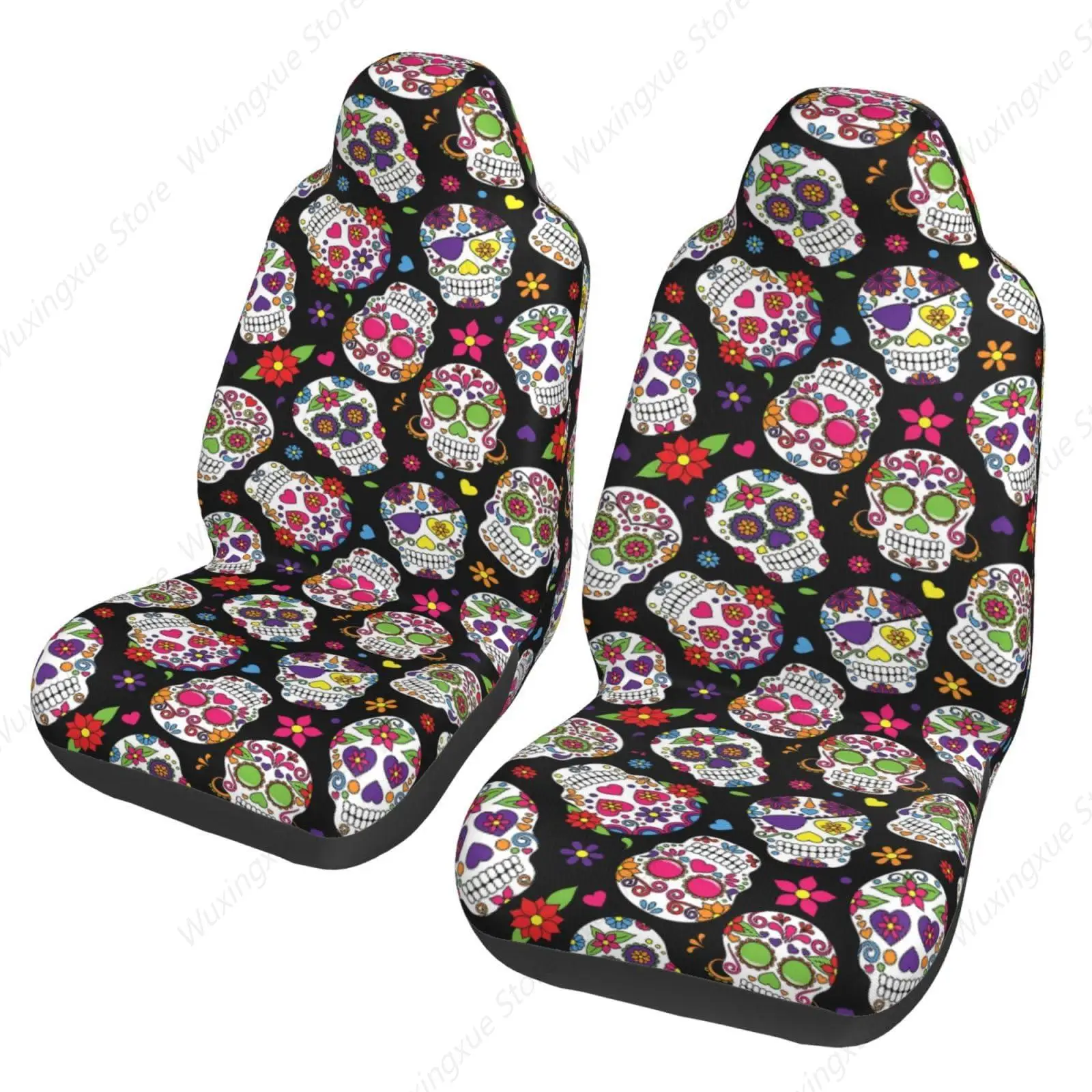 Day of The Dead Sugar Skull Car Seat Covers for Women,Universal Auto Front Seats Protector Fits for Car,SUV Sedan,Truck, Black