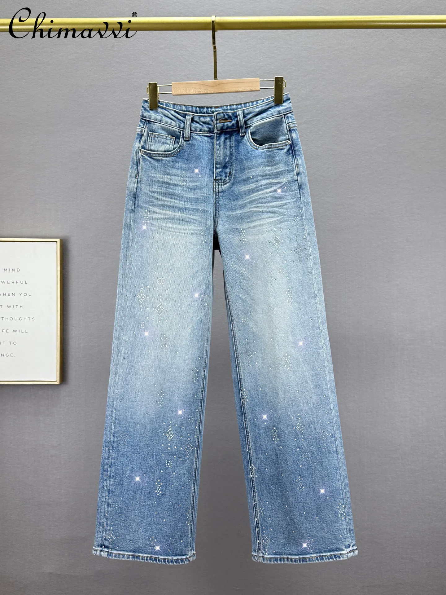 

European Style Rhinestone Denim Straight Pants Women Spring New Fashion High Waist Loose Slim Vintage Long Floor-Length Pants