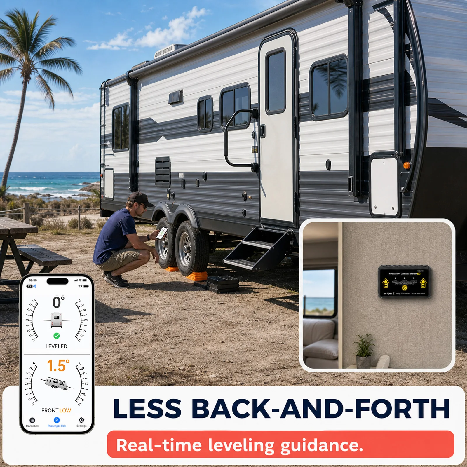 Drahtloses RV-Nivelliersystem AM350-X Bluetooth-Wohnmobil-Nivelliersystem App Echtzeit-Neigungs- und Rollenkontrolle für Wohnmobile und Anhänger – Detail 4
