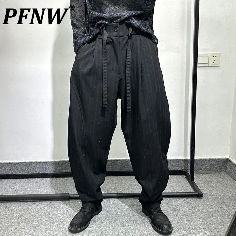 

PFNW Dark Style Men's Pants Casual Striped Drawstring Harem Bottom Straight Leg Elastic Waist Personality Autumn 2024 12C1037