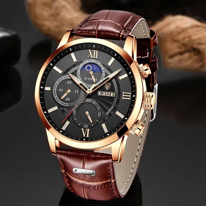 LIGE 2024 New Mens Watches Top Brand Luxury Brown Leather Casual Quartz Watch Men Sport Waterproof Clock Watch Relogio Masculino