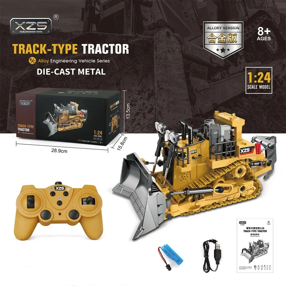 1:24 RC Bulldozer 2.4G 9CH Remote Control Dump Truck Crawler Tractor Engineering Vehicle with Light Boy Toy Birthday Gifts
