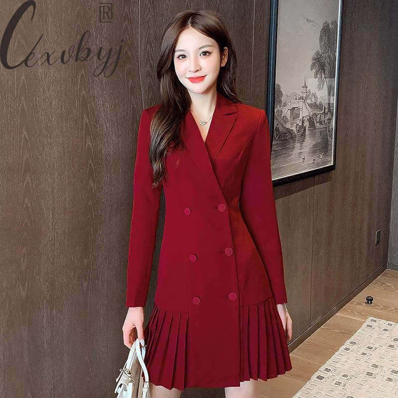 

Office Lady Elegant Dress 2023 Korean Fashion Double Breasted Pleated Dress Women Vintage Plus Size Notched Collar Mini Dress