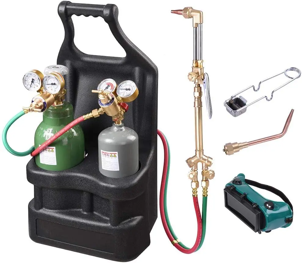 DOT Oxy Acetylene Torch Kit Gas Tank Brazing Welding Cutting Black Holder Gauge Portable Brass Nozzle Long Pipe Goggle